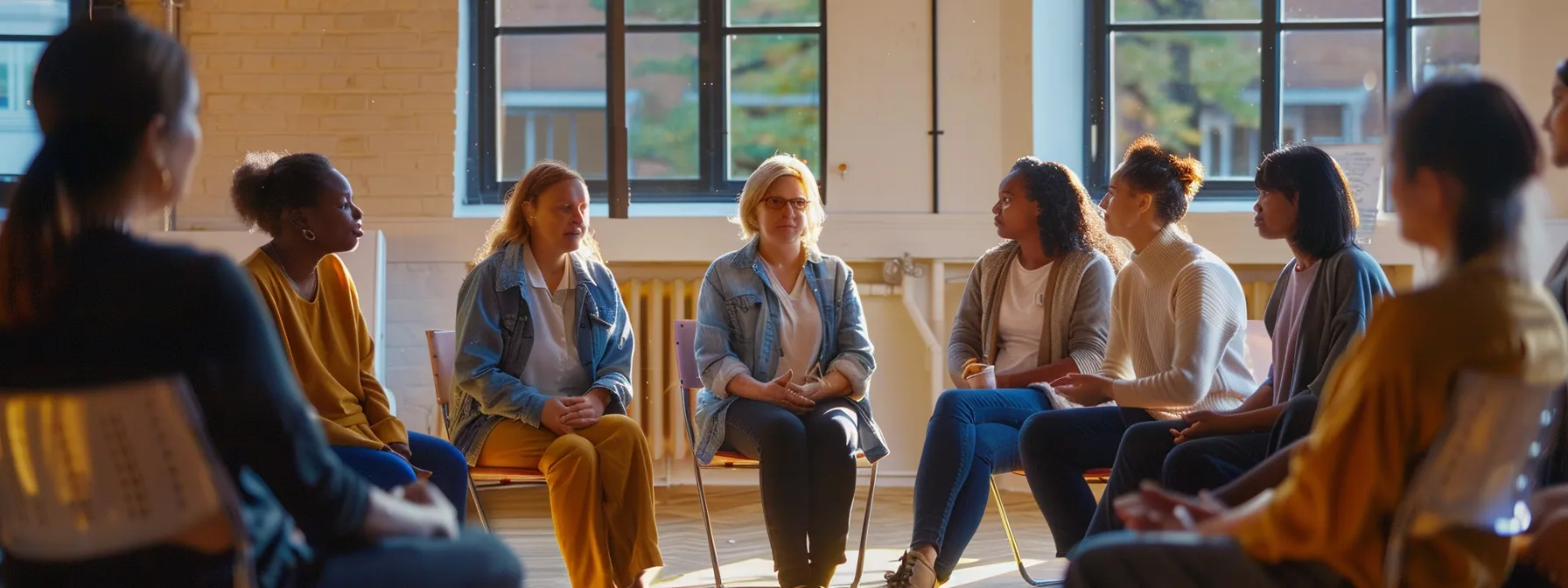 a group of people sitting in a circle, engaged in deep conversation and sharing insights during a health and wellbeing workshop.