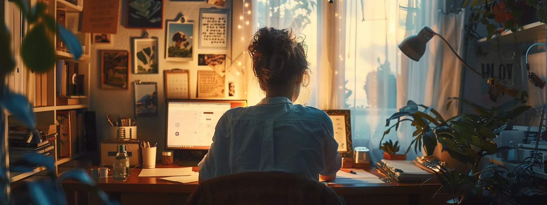 a person sitting at a desk, deep in thought, with a vision board and to-do list in front of them, surrounded by motivational quotes and images.