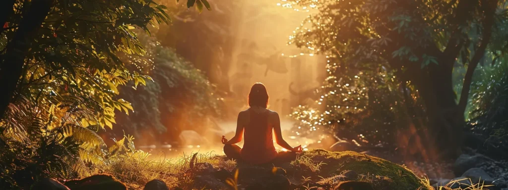 a woman meditating peacefully in a serene natural setting.