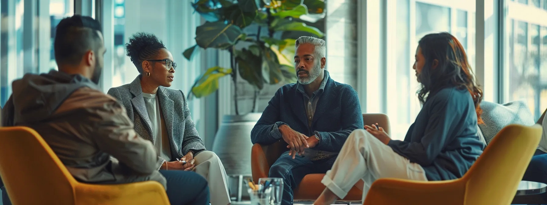 a group of diverse professionals engaging in a focused discussion with a coach in a modern office setting.