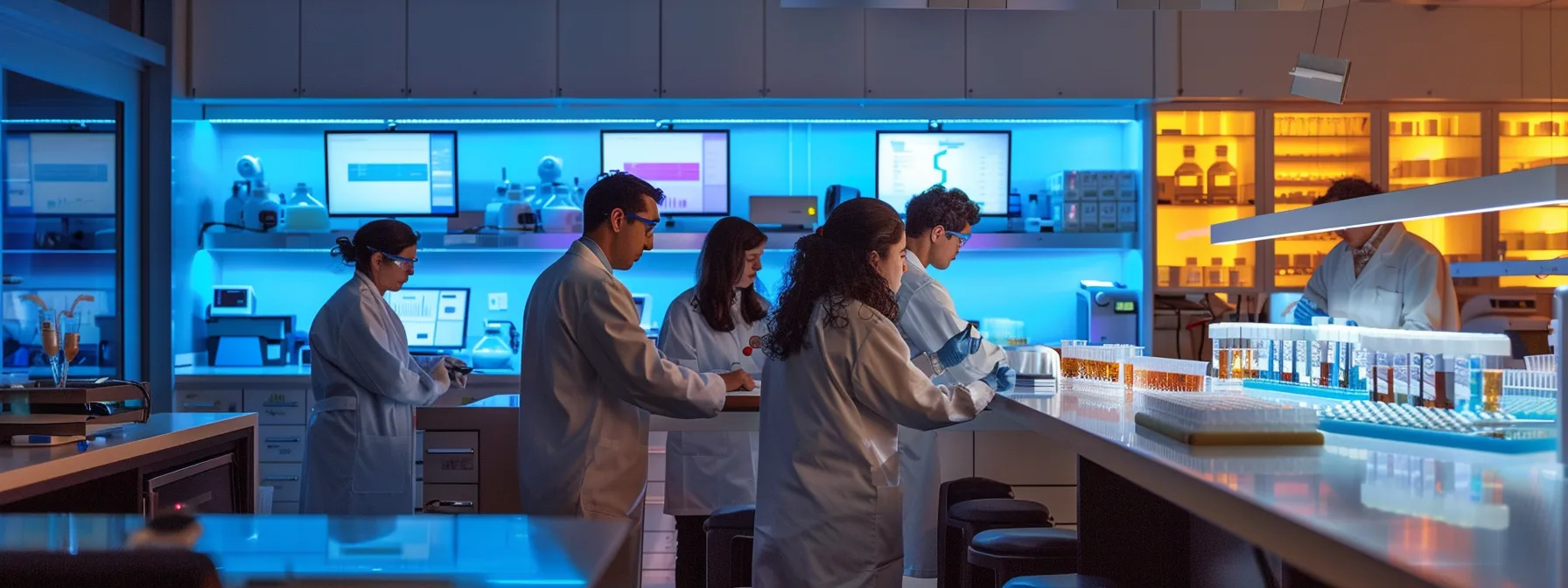 a group of scientists conducting research in a laboratory setting, analyzing data and discussing findings related to psych-k principles.