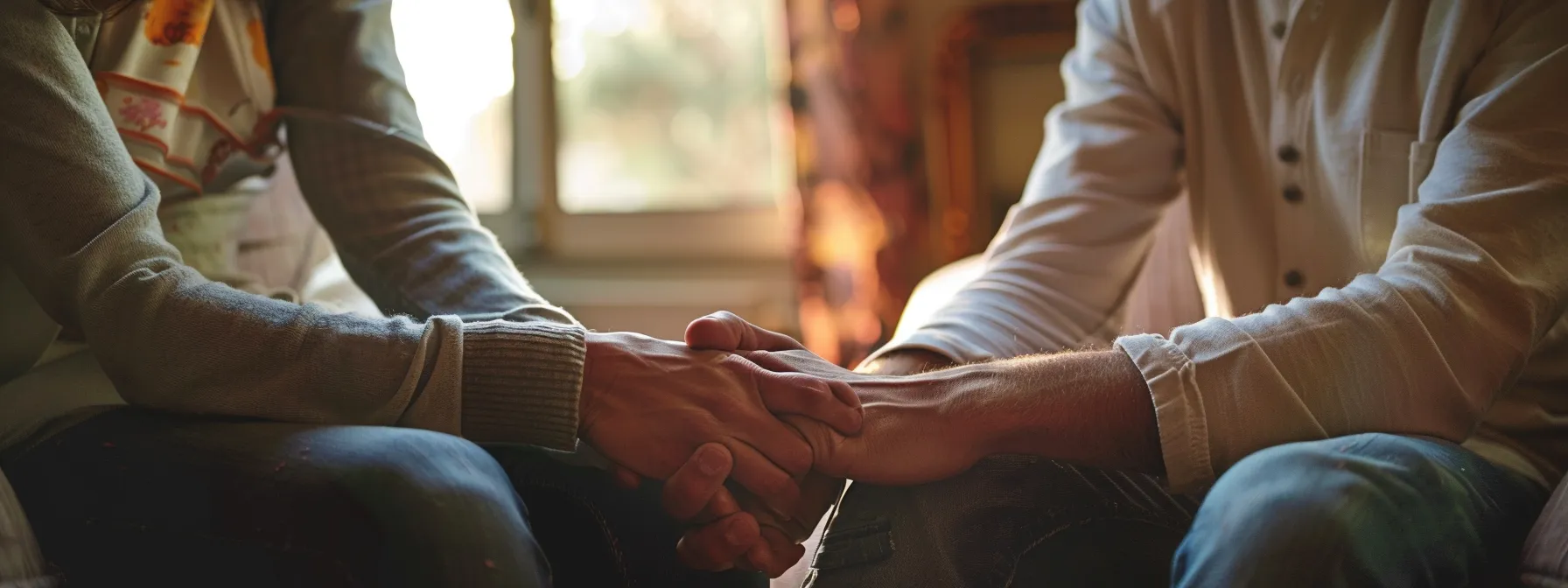 a couple holding hands and smiling at each other during a therapy session.