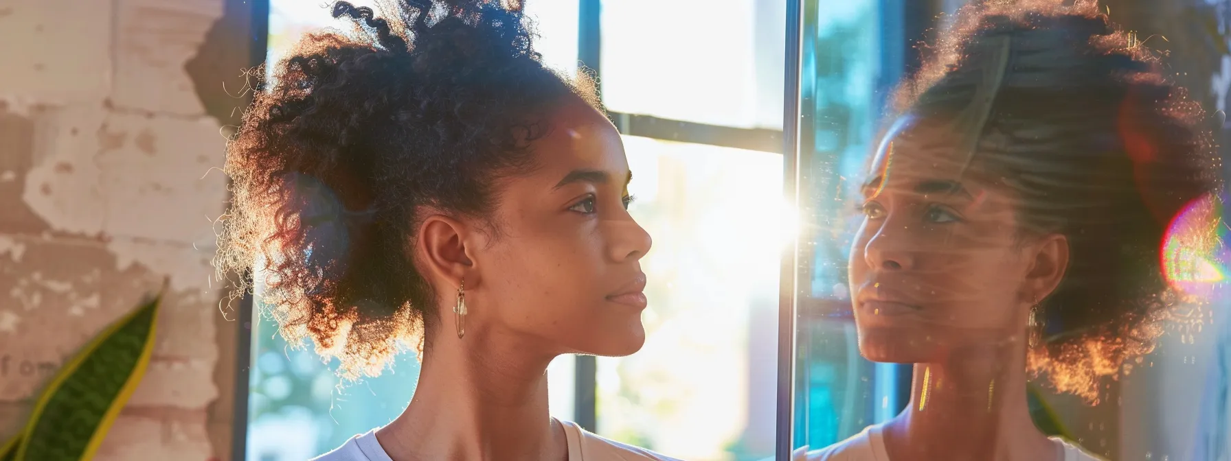 a person standing in front of a mirror, looking confident and empowered after using psych-k® for personal growth.