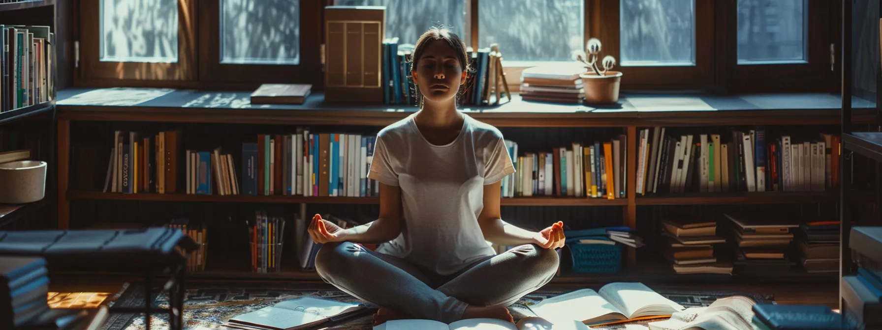 a person sitting in a peaceful meditation pose with a curious expression, surrounded by books and notebooks on personal development and psychology.