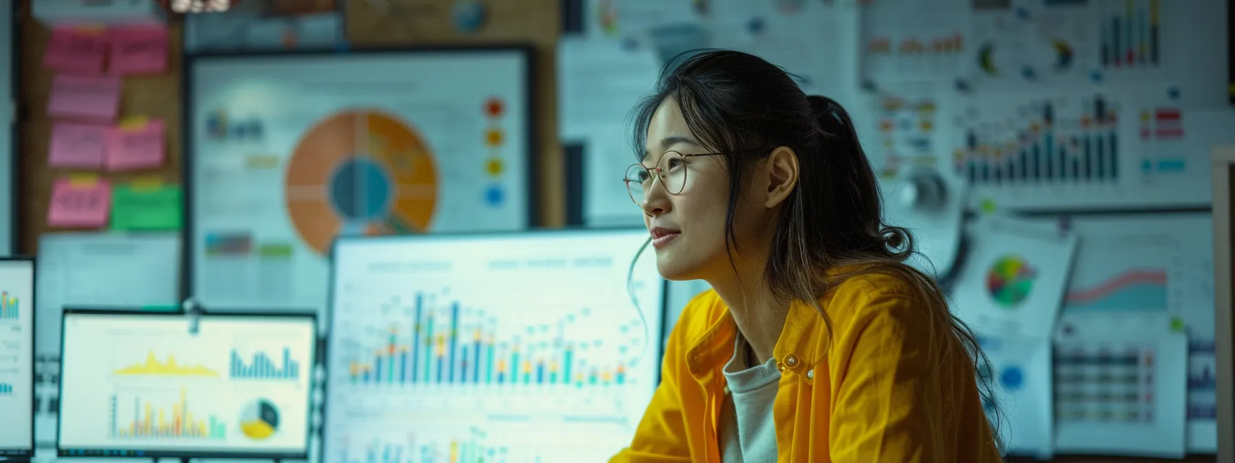 a person receiving coaching surrounded by charts, graphs, and motivational quotes on the wall.