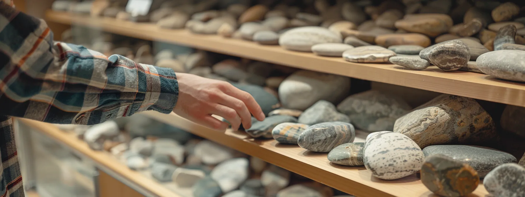 a person at a natural stone store, carefully examining different stones with a focused expression.