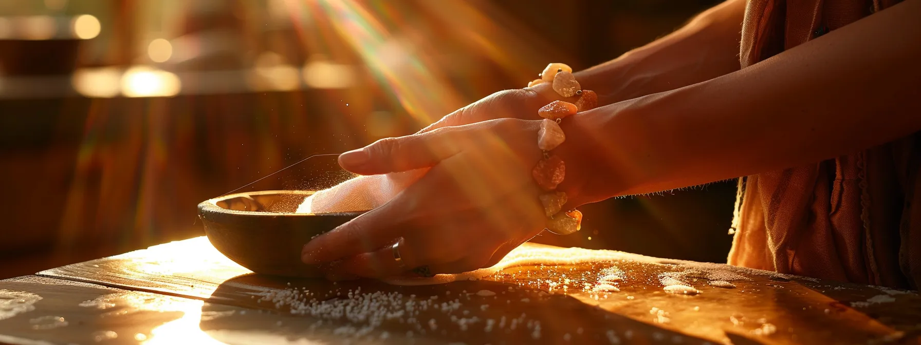 a person cleaning and recharging a natural stone bracelet with a soft cloth and sunlight.