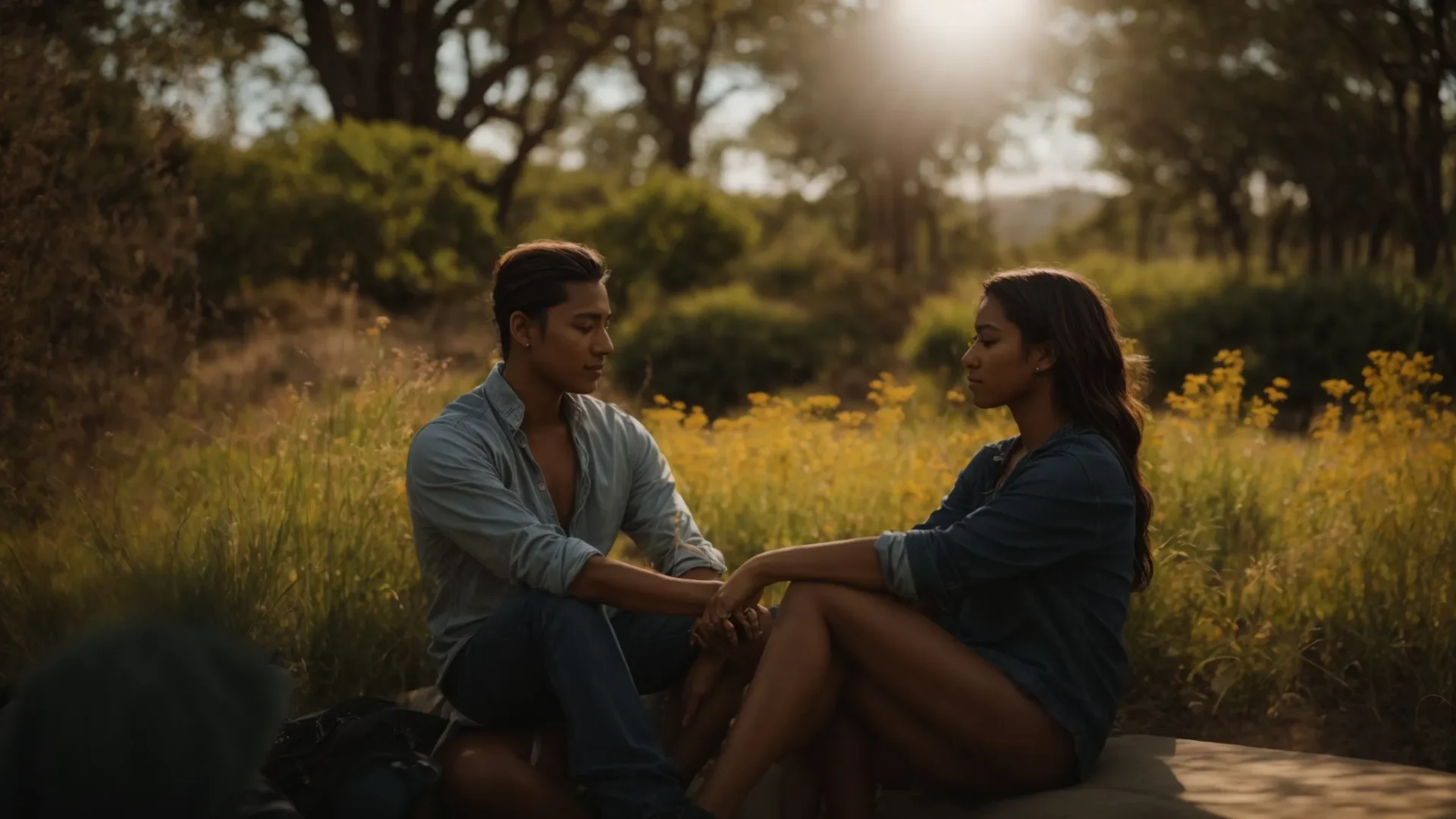 a couple sitting together, deep in conversation, with a sense of understanding and connection between them.