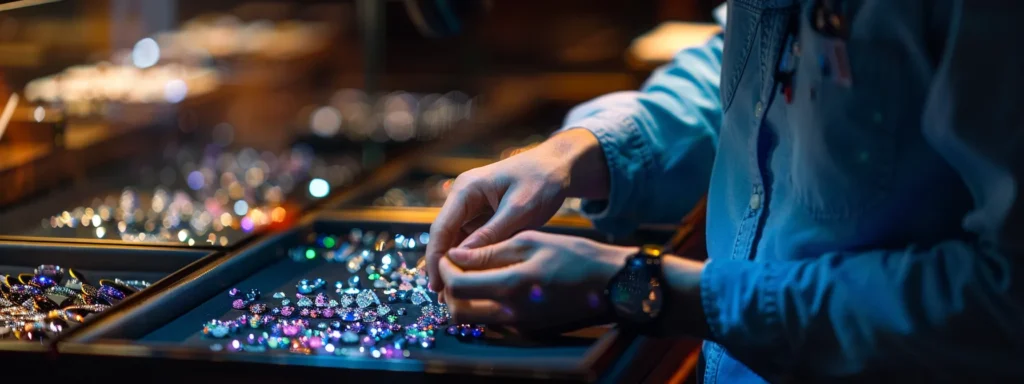 a jeweler examining a display of gemstones for bracelets.