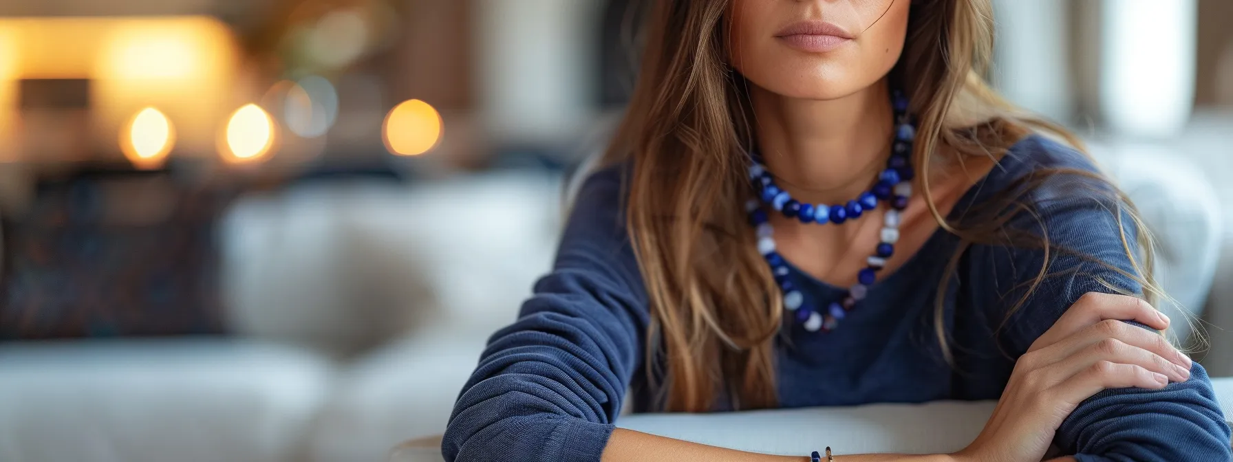 a serene woman wearing a bracelet made of calming gemstones like howlite and sodalite, exuding a sense of peace and relaxation.