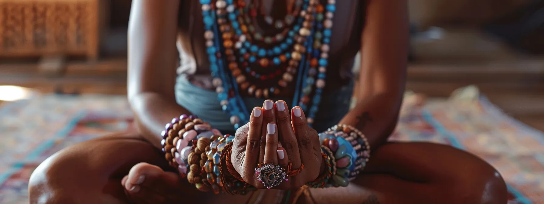 a person wearing multiple gemstone bracelets while meditating.