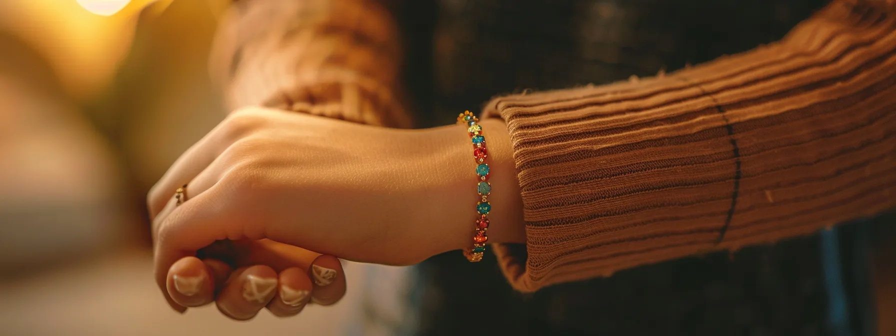 a person adjusting the length of a gemstone bead bracelet on their wrist.