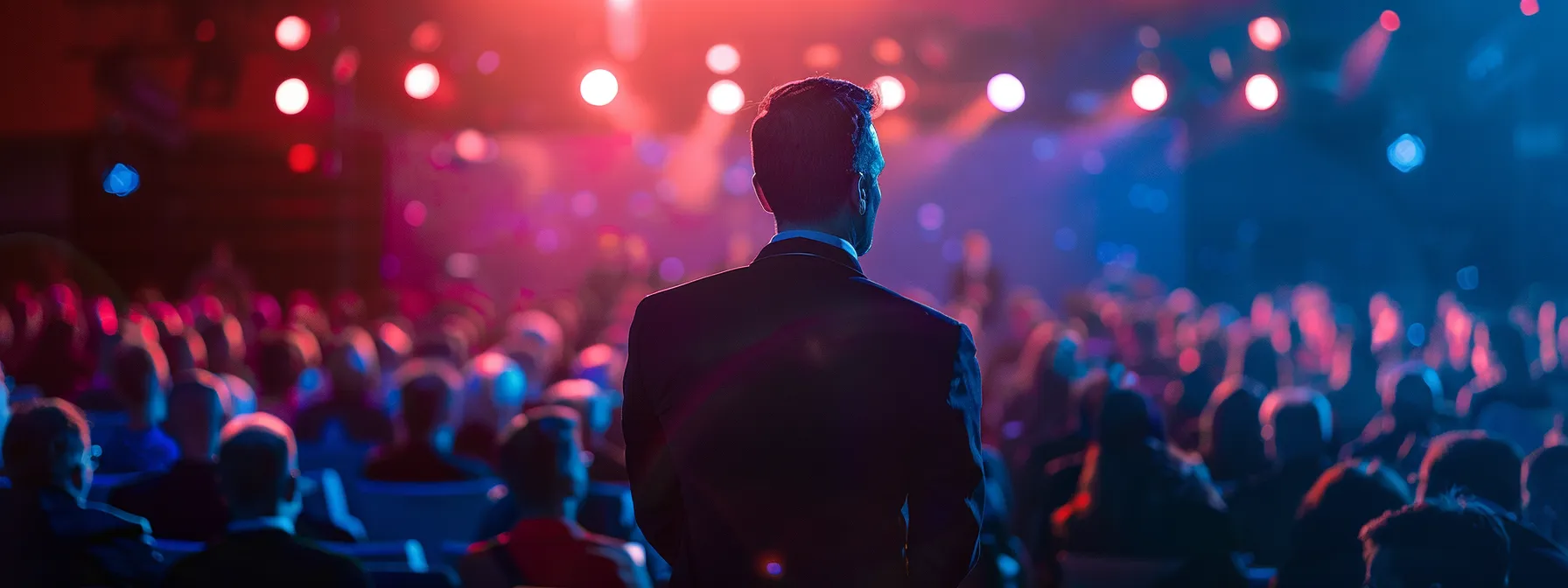 a man standing on a stage, surrounded by an engaged audience, passionately sharing his knowledge and insights on personal development and empowerment.