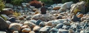 a person sitting in a peaceful garden surrounded by various natural stones of different colors and textures.