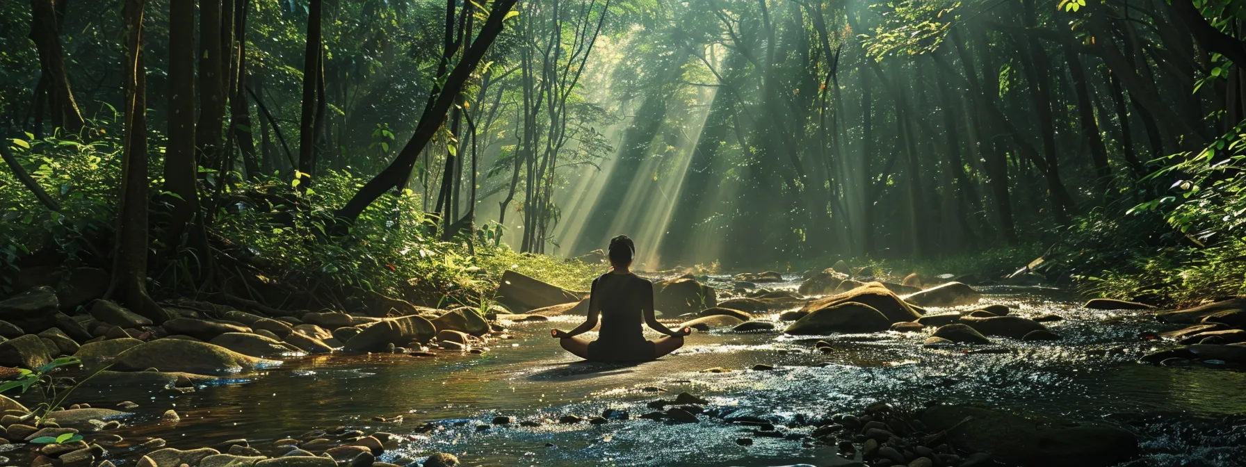 a person meditating peacefully in a serene natural setting, surrounded by trees and a gentle stream.