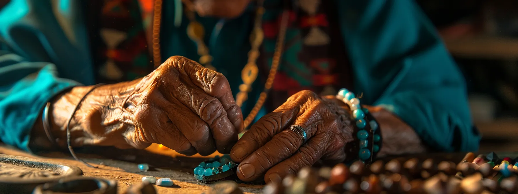 an indigenous craftsman intricately carving a gemstone bracelet, showcasing their cultural artistry and history.