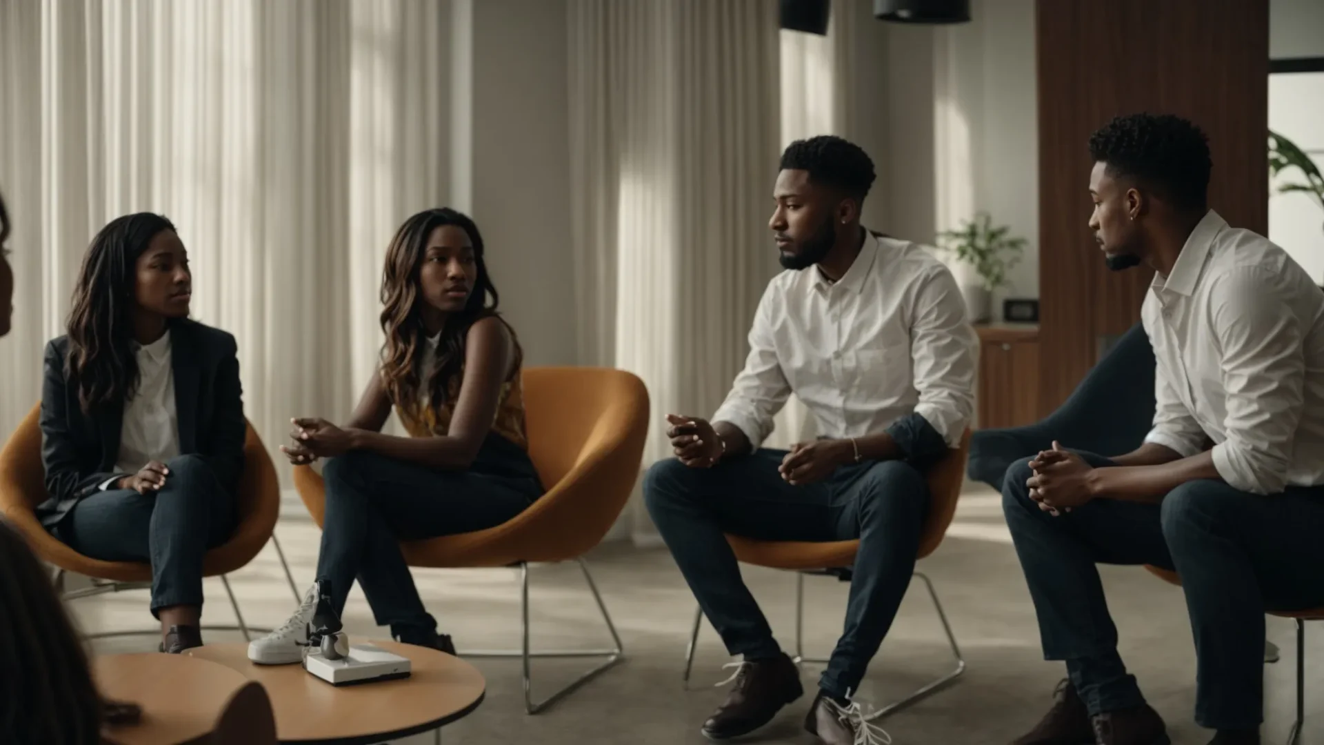 a group of diverse individuals discussing breakthrough psychological techniques in a modern, well-lit room.