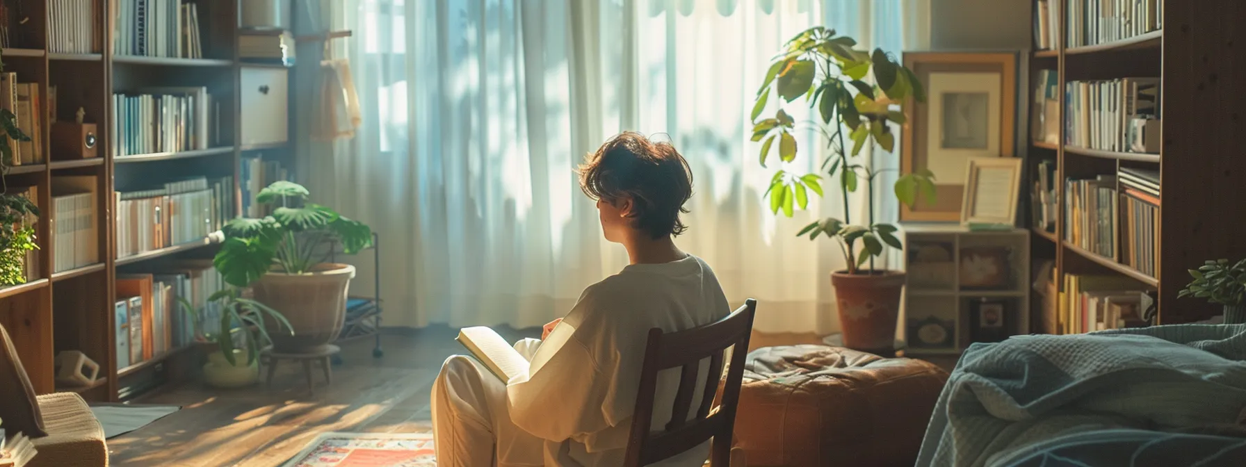 a person sitting in a peaceful room, surrounded by books and a journal, deep in thought and contemplation.