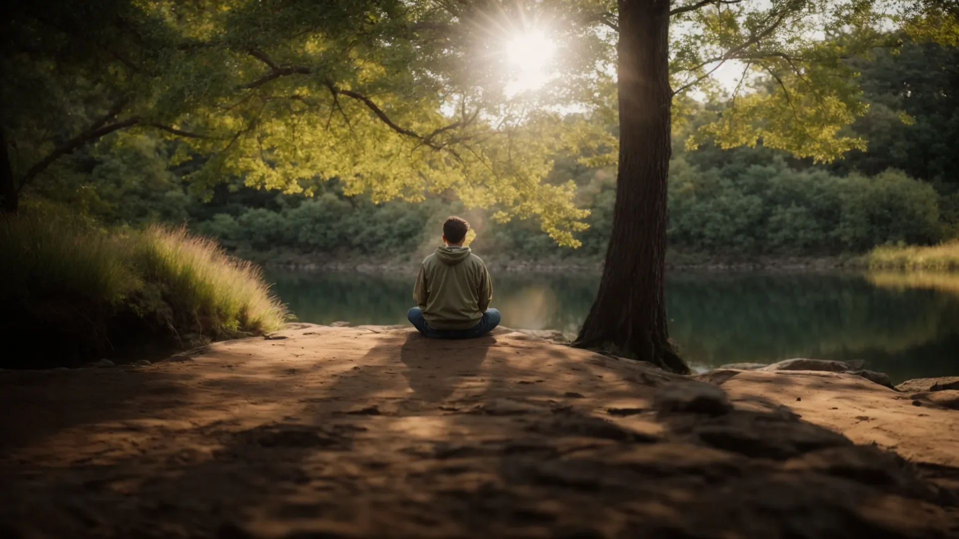 a person sitting in a peaceful setting, surrounded by nature, with a serene expression as they delve into deep meditation and inner reflection.