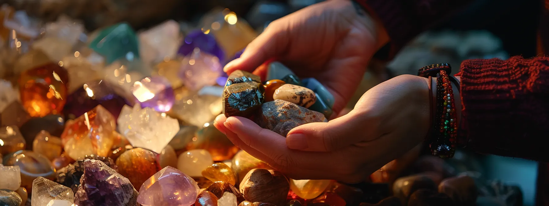 a person holding and examining various gemstones under soft lighting.