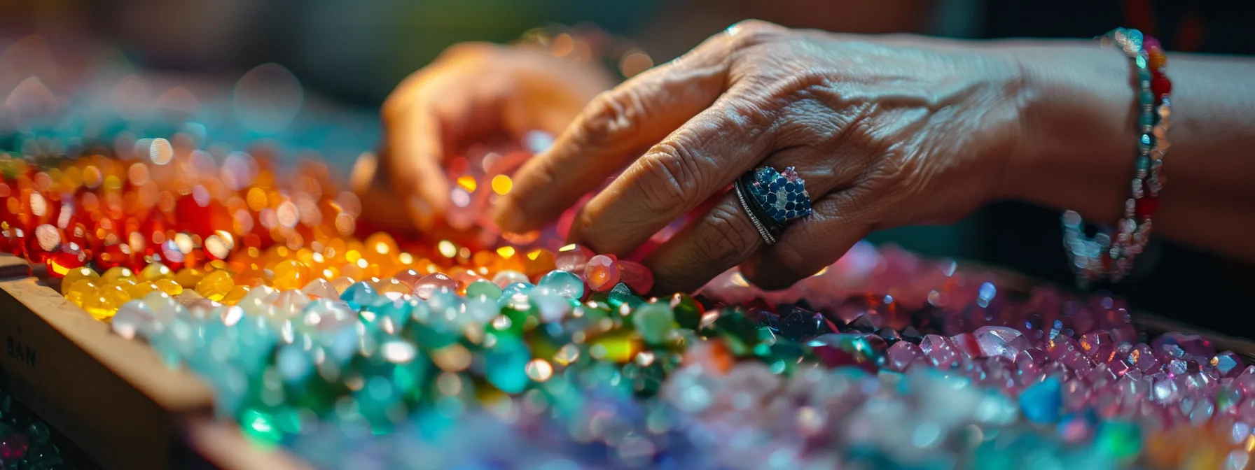 a person carefully selecting colorful birthstones for a bracelet.