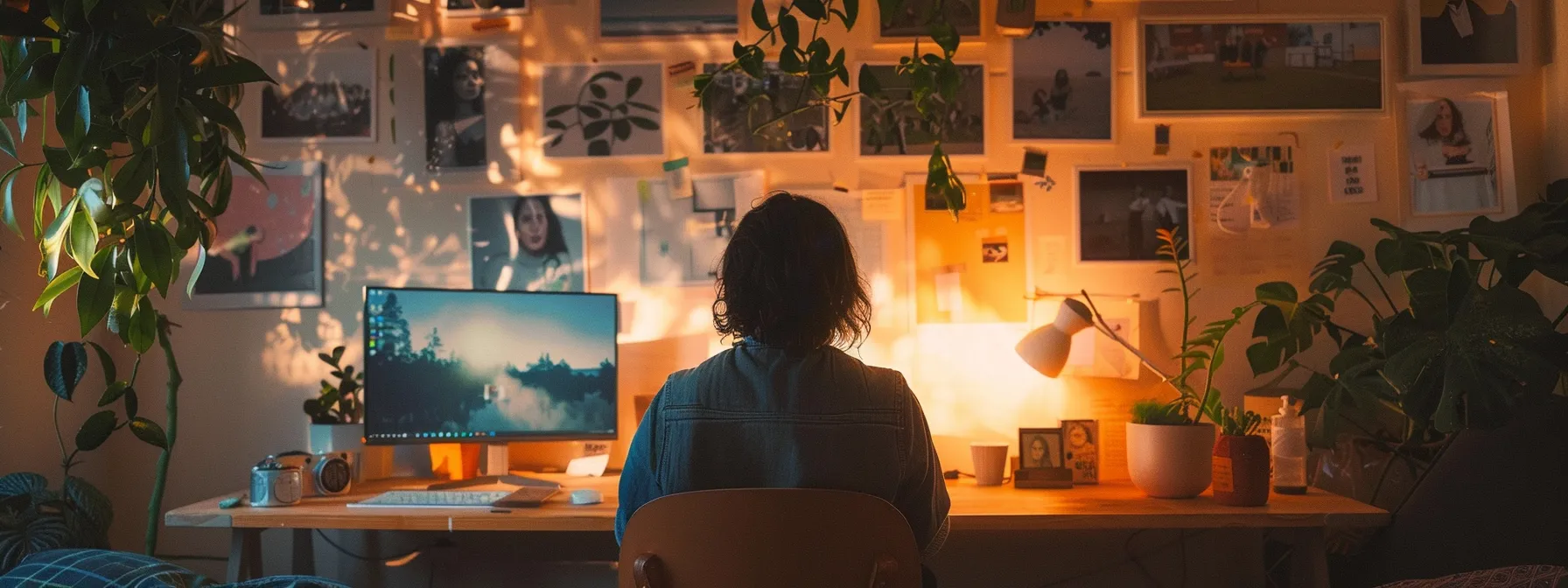 a person surrounded by positive affirmations and photos of personal growth and achievements in their home.