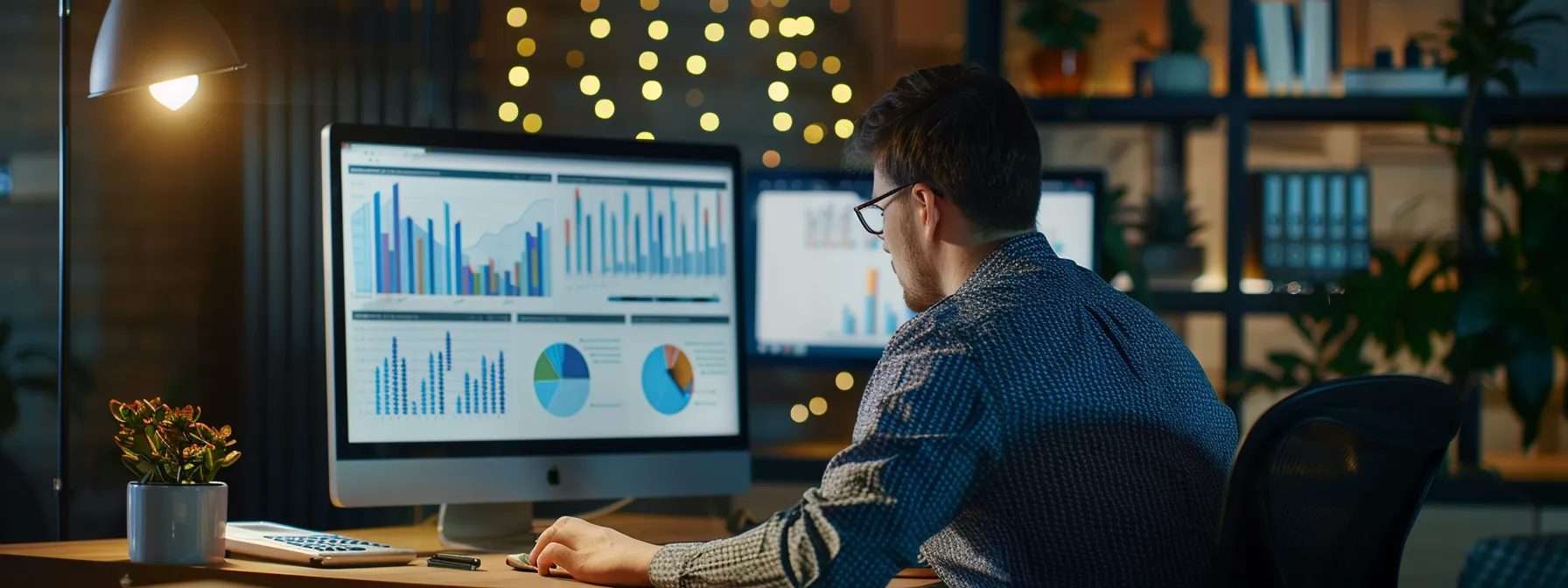 a person reviewing charts, graphs, and progress reports on a computer screen.