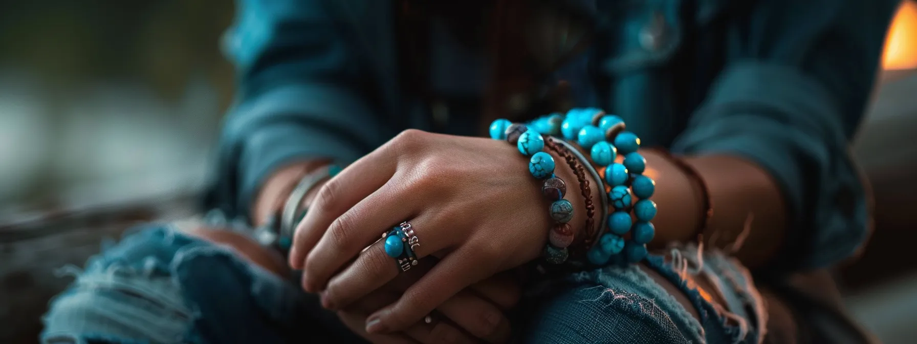 a person wearing a turquoise gemstone bracelet, feeling energized and calm.