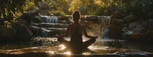 a person meditating peacefully in a serene natural setting.