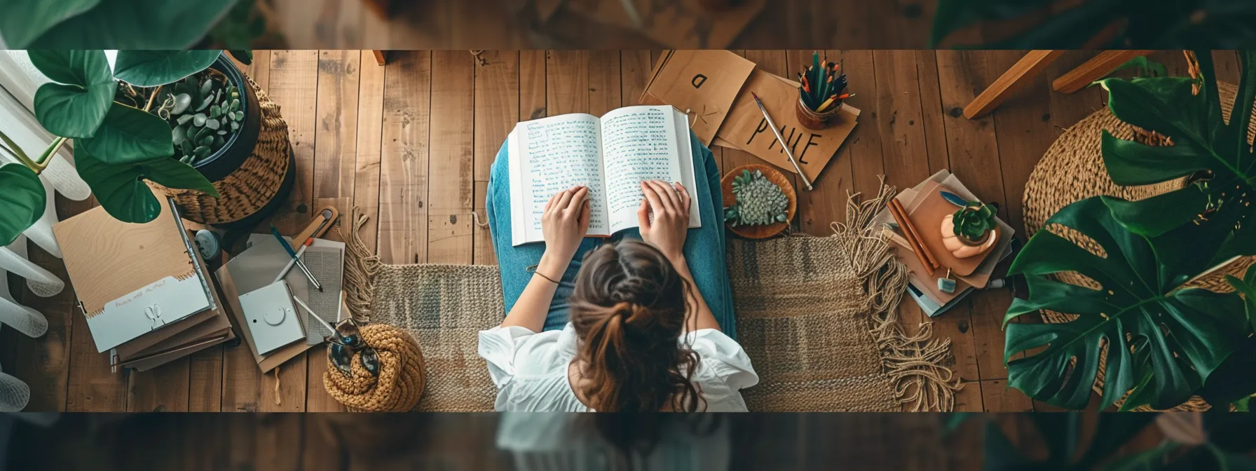 a person sitting peacefully at a desk, surrounded by inspirational quotes and a vision board, with a notebook open for journaling and visualization exercises.