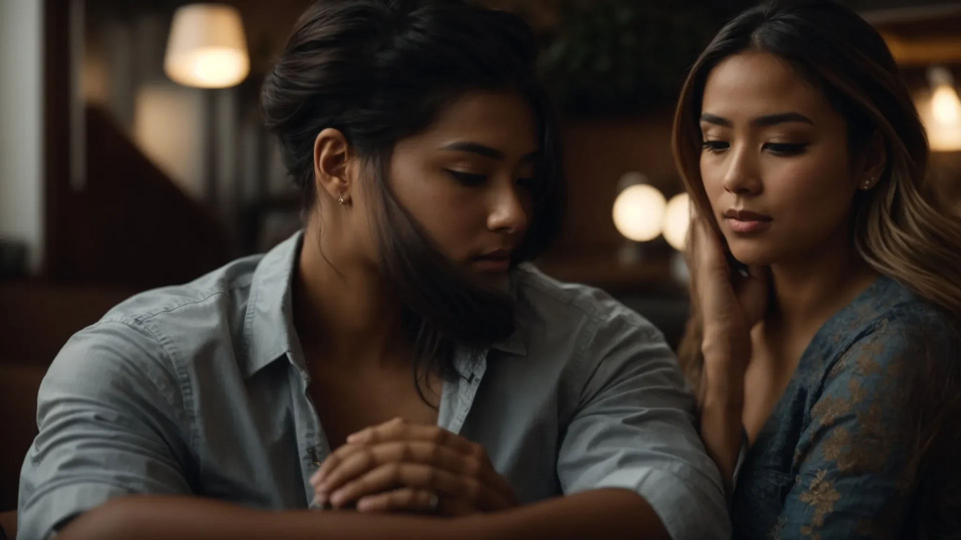 a couple sitting across from each other, engaged in deep conversation, with focused expressions and attentive body language.