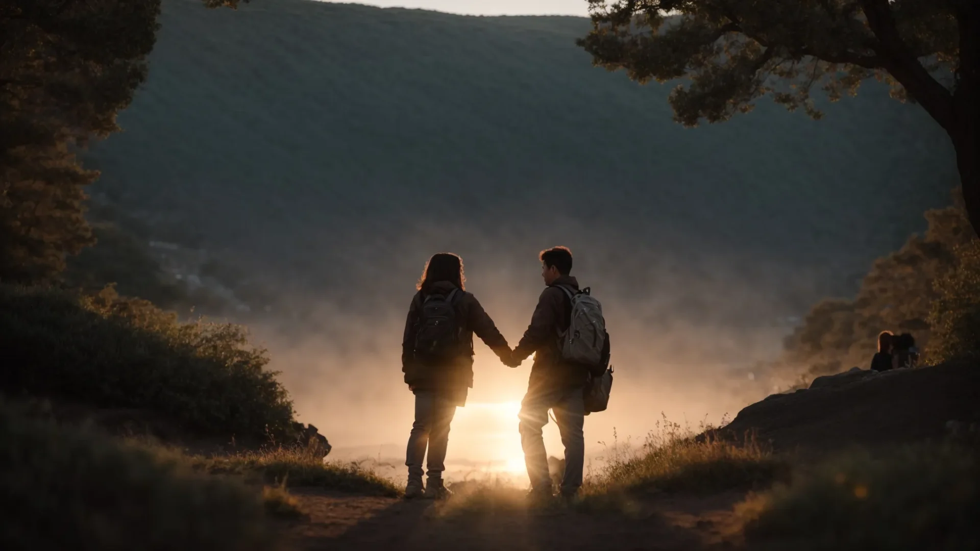 a couple holding hands and looking deeply into each other's eyes, surrounded by a serene and harmonious atmosphere.