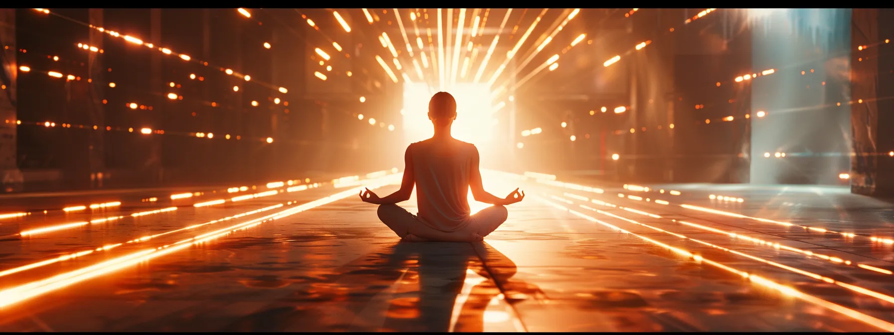 a person meditating surrounded by beams of light and energy.