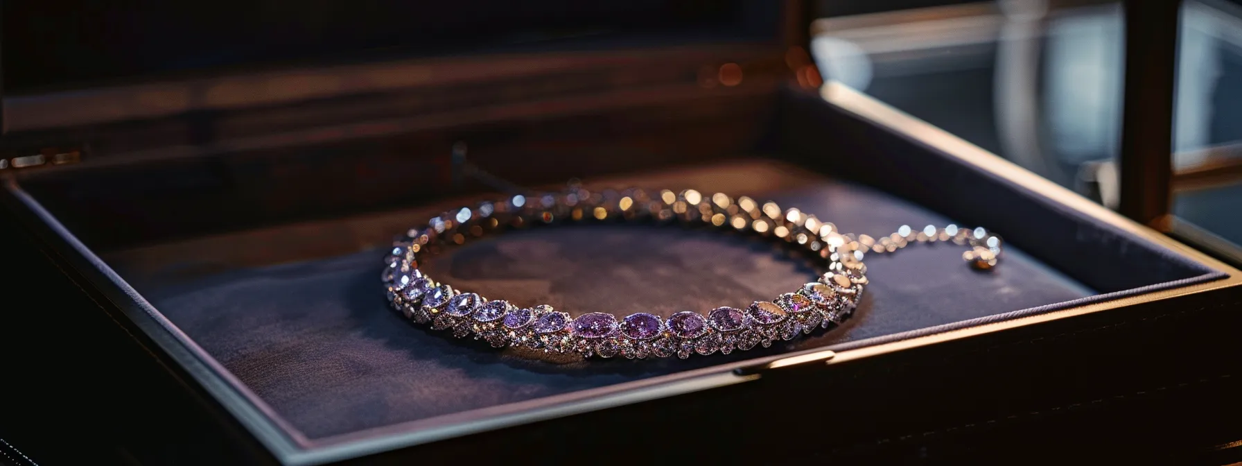 a sparkling gemstone bracelet is carefully placed on a velvet-lined tray inside a spacious jewelry box.