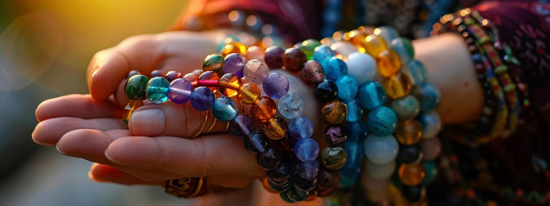 a person wearing multiple gemstone bracelets with colorful stones, creating a unique energy and promoting physical healing.