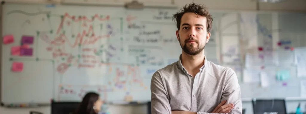 a man standing in front of a whiteboard with diagrams and notes scribbled on it, looking thoughtful and focused.