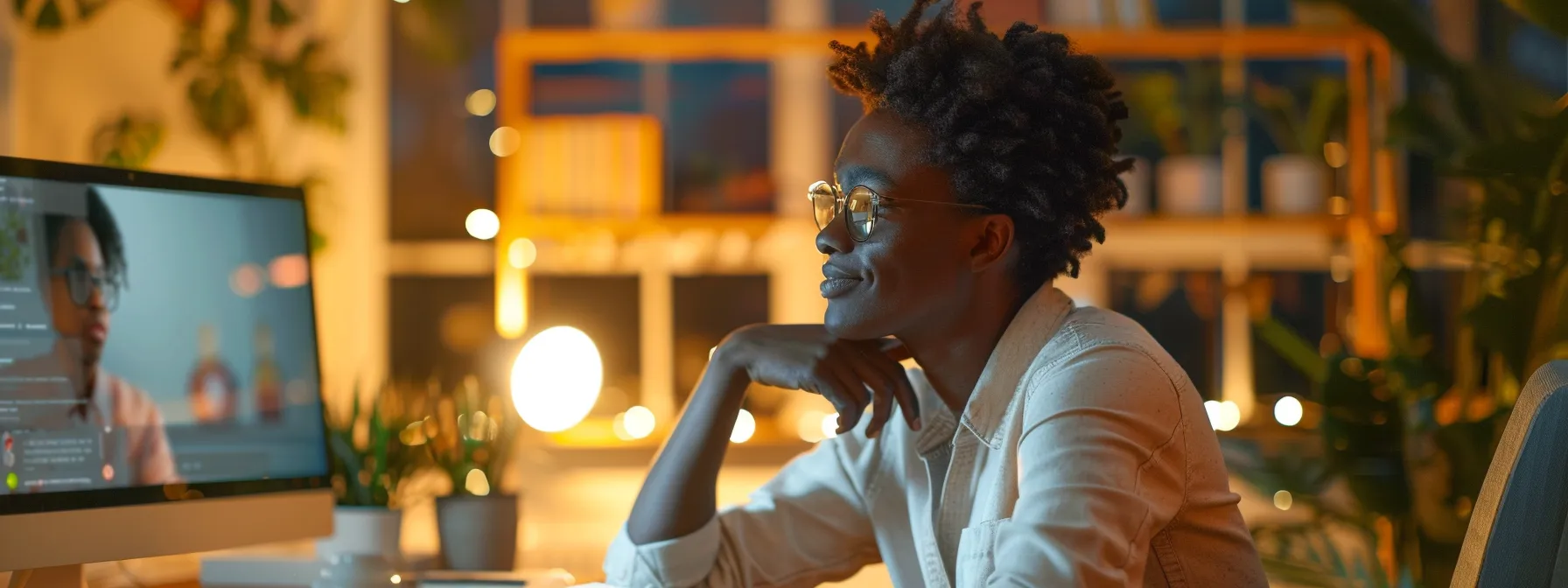 a person engaging in a video call with their online coach, looking focused and determined to grow.