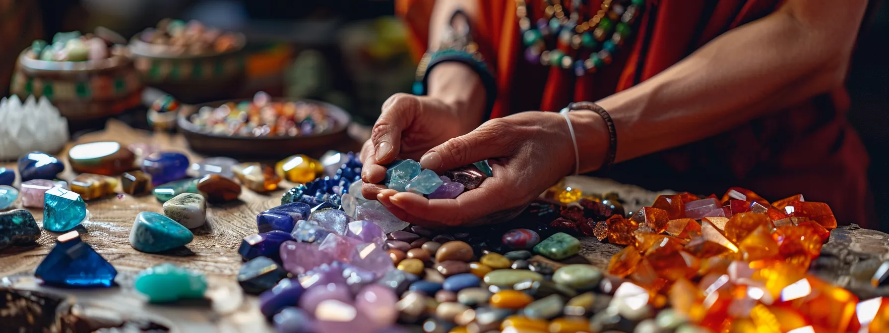 a person carefully selecting and arranging different colored gemstones on a table to create a chakra balancing bracelet.