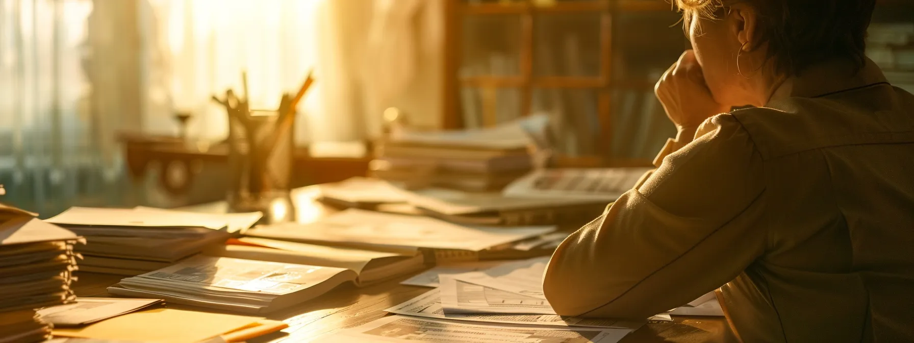 a person sitting at a desk, surrounded by paperwork and financial documents, looking contemplative.