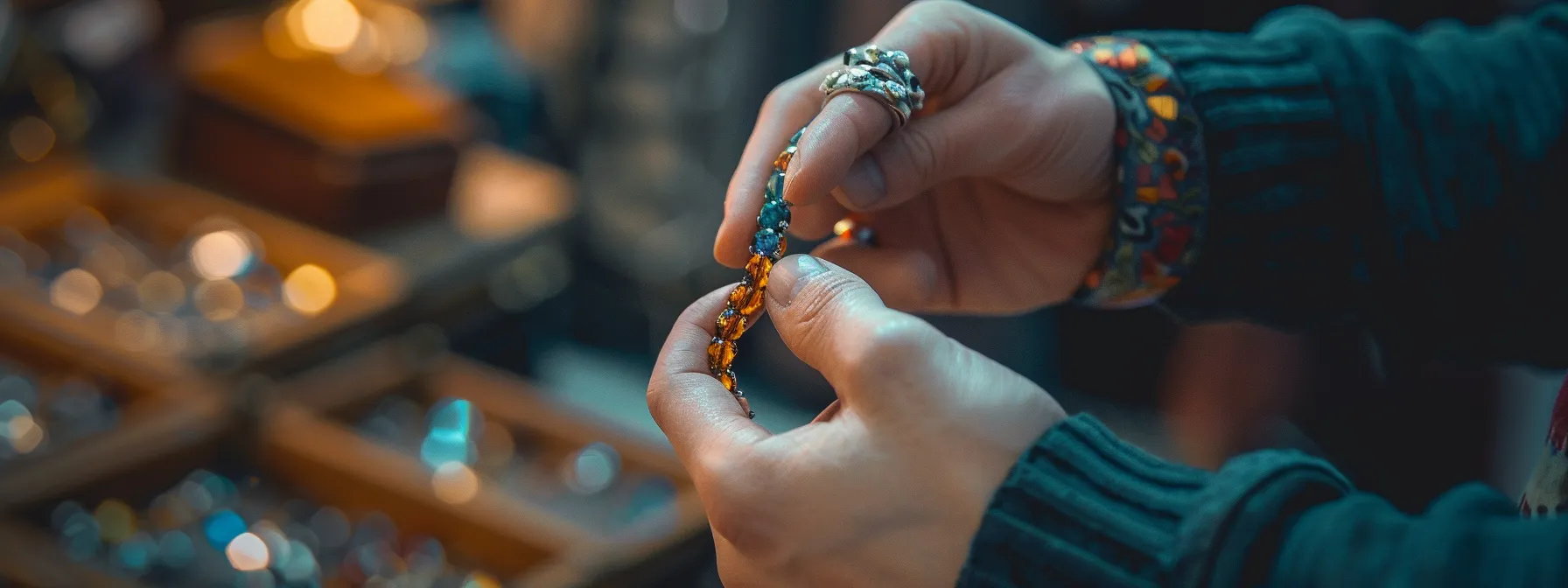 a person receiving an appraisal for their natural gemstone bracelet.