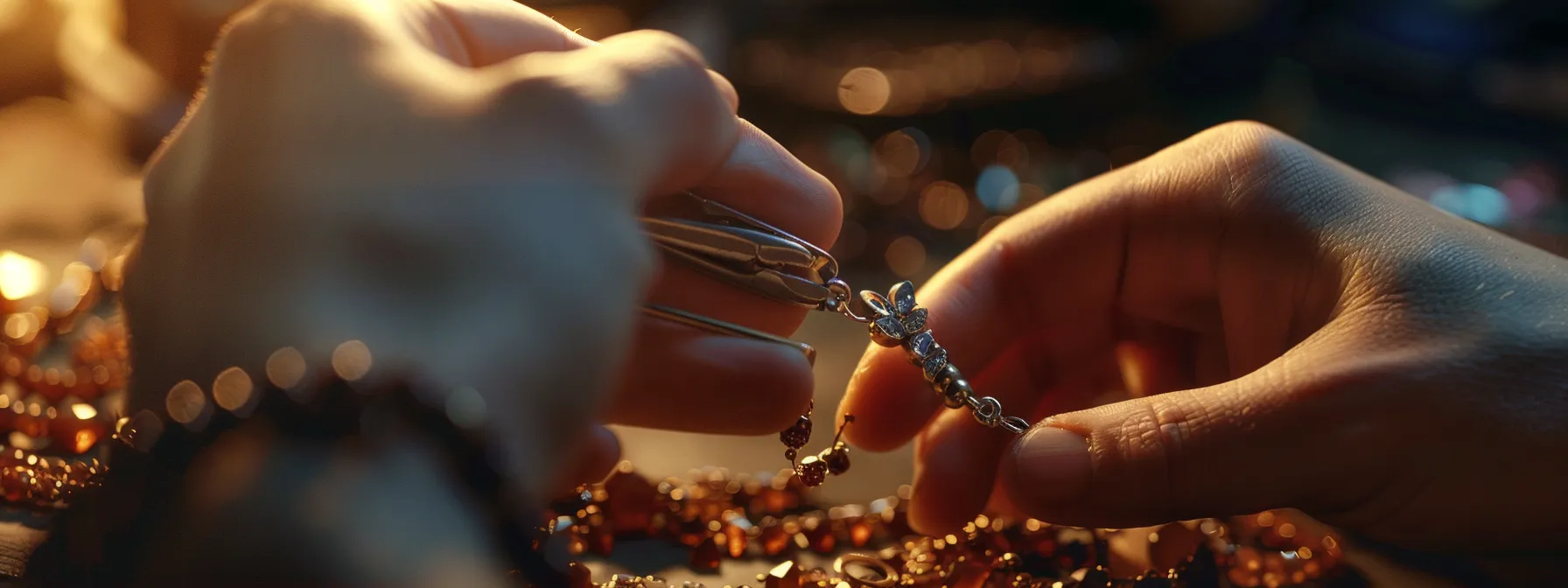 a person using pliers to attach a charm to a gemstone bracelet.