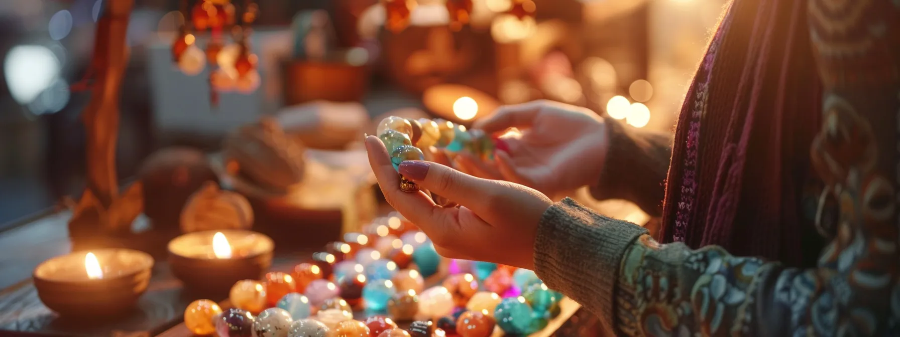 a person carefully examining a sparkling natural gemstone bracelet while comparing different insurance policies.