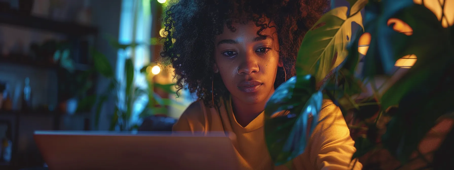 a person browsing different online mindset coaching programs on a laptop, looking thoughtful and determined.