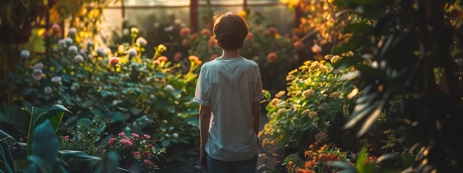 a person standing in a peaceful garden, surrounded by blooming flowers and greenery, looking introspective and contemplative.