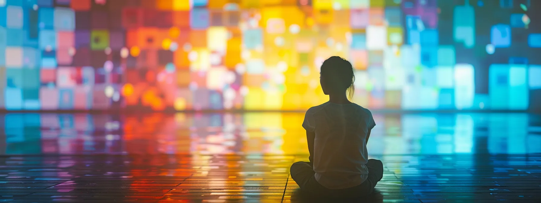 a person sitting in deep thought, surrounded by colorful visual representations of their goals and achievements.