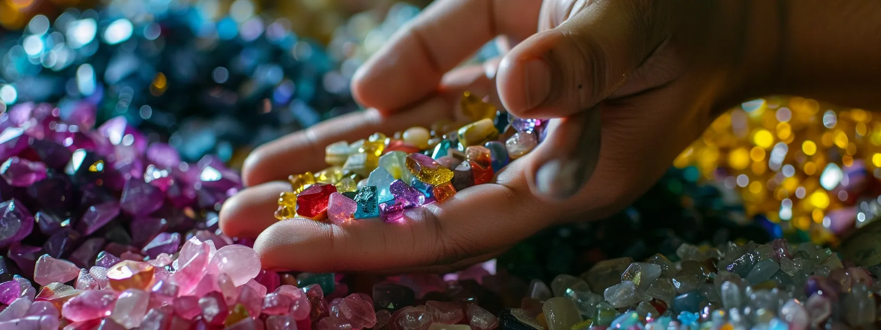 a person selecting colorful gemstones for bracelet crafting.