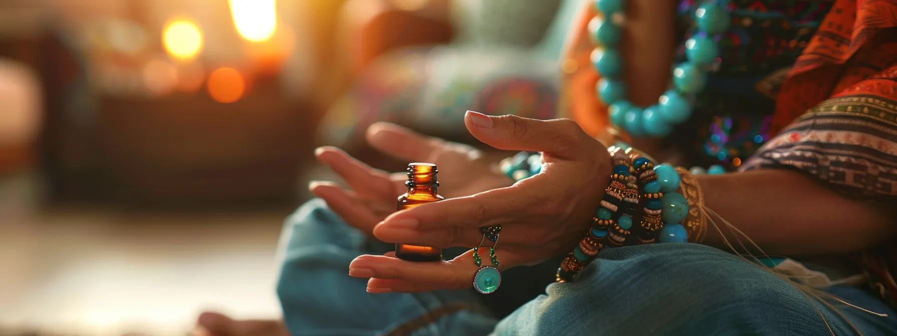 a person wearing a turquoise gemstone bracelet while holding a calming essential oil bottle.