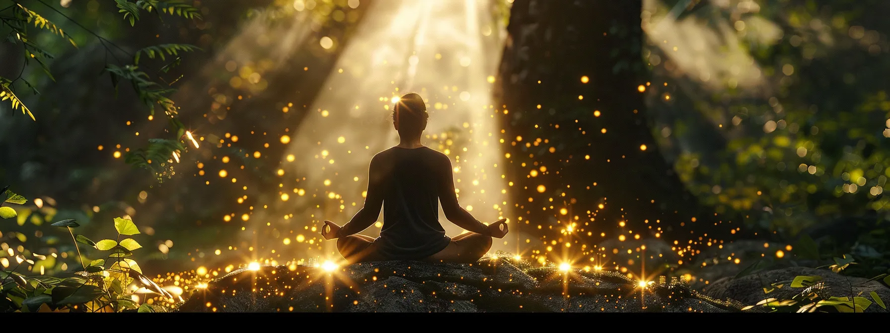 a person practicing a meditation pose surrounded by glowing energy in a serene natural setting.