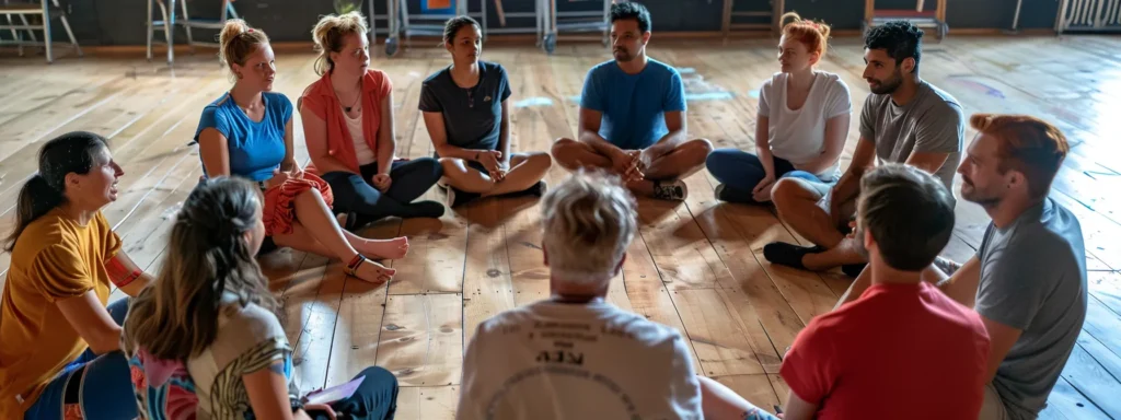 a diverse group of people sitting in a circle, engaged in deep conversation and sharing ideas during a mindset development workshop.