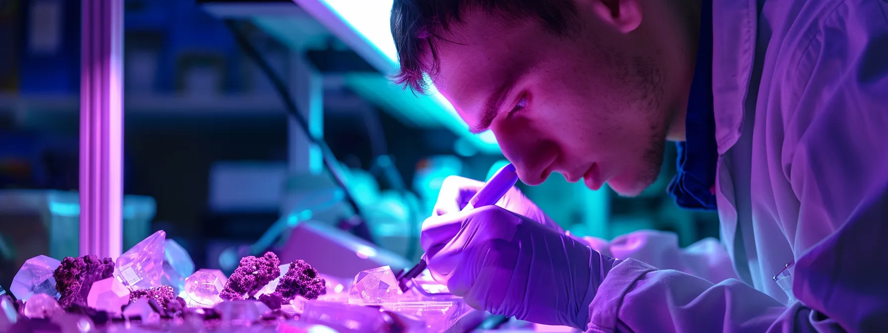 a gemologist in a lab examining gemstones under ultraviolet light.